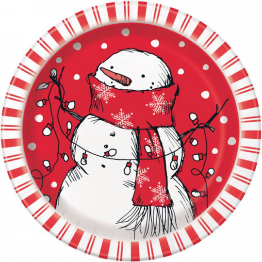 Red Stripes Snowman Round 7" Dessert Paper Plates x 8