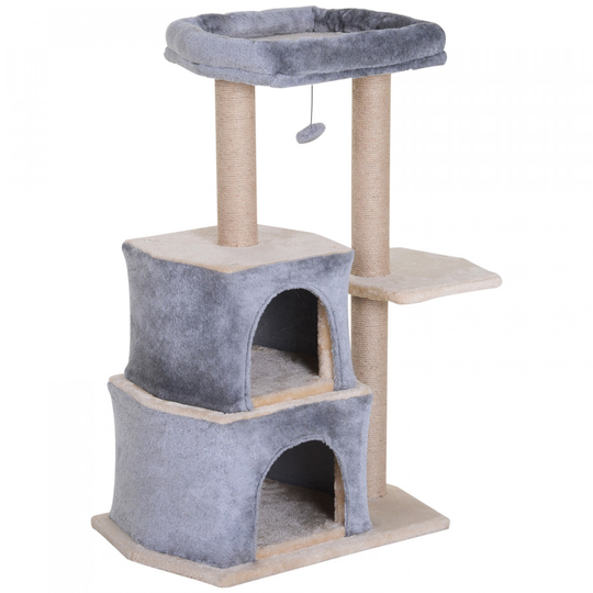 PawHut Multi-Level Cat Scratching Tree Condo Pet Activity Centre with Sisal-Covered Scratching Posts Perch w/ Bed and Dangle Toy Grey