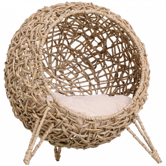 PawHut Hooded Rattan Wicker Elevated Cat House Kitten Pussy Basket Ball Shaped Bed Pet Furniture with Removable Cushion Natural w/