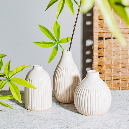 Set Of 3 Small Modern Bud Grooved Vases