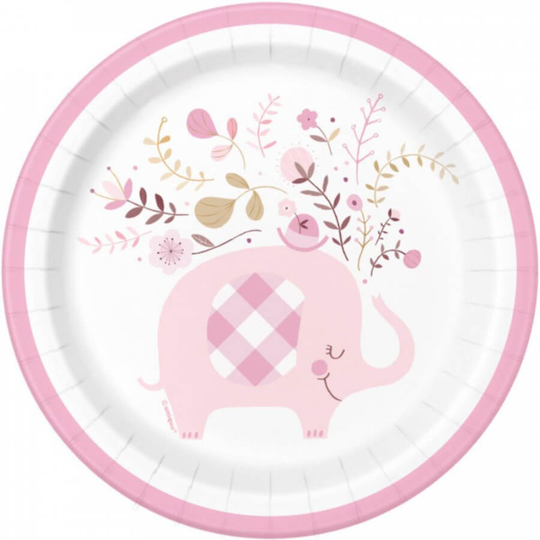 Pink Floral Elephant Baby Shower Round 7" Dessert Paper Plates x 8