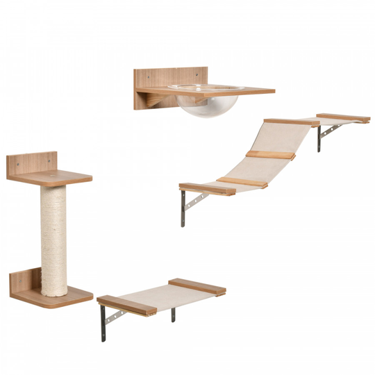 PawHut 4PCs Wall-mounted Cats Climbing Shelf Set Cat Tree Kitten Perch Activity Center with Hammock Scratching Post Jumping Platform Brown Frame