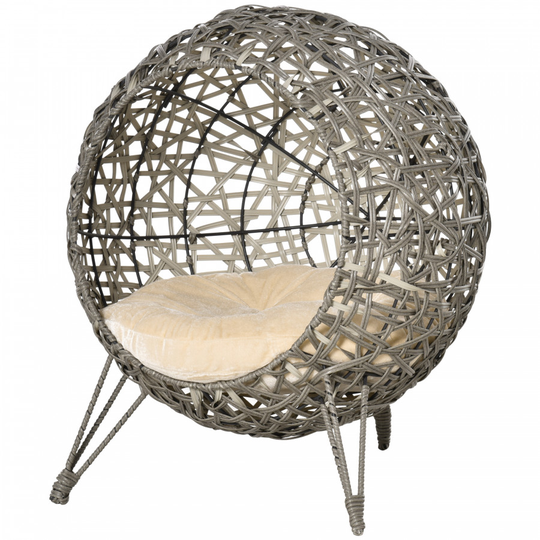 Pawhut Woven Rattan Wicker Elevated Cat Bed House Kitten Pussy Basket Ball Shaped Pet Furniture w/ Removable Cushion Smoky Grey 52 x 52 x 58 cm PawHut