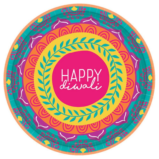 Amscan Diwali Festival Rangoli & Diya Pattern Dessert Snack Paper Plates 8pk